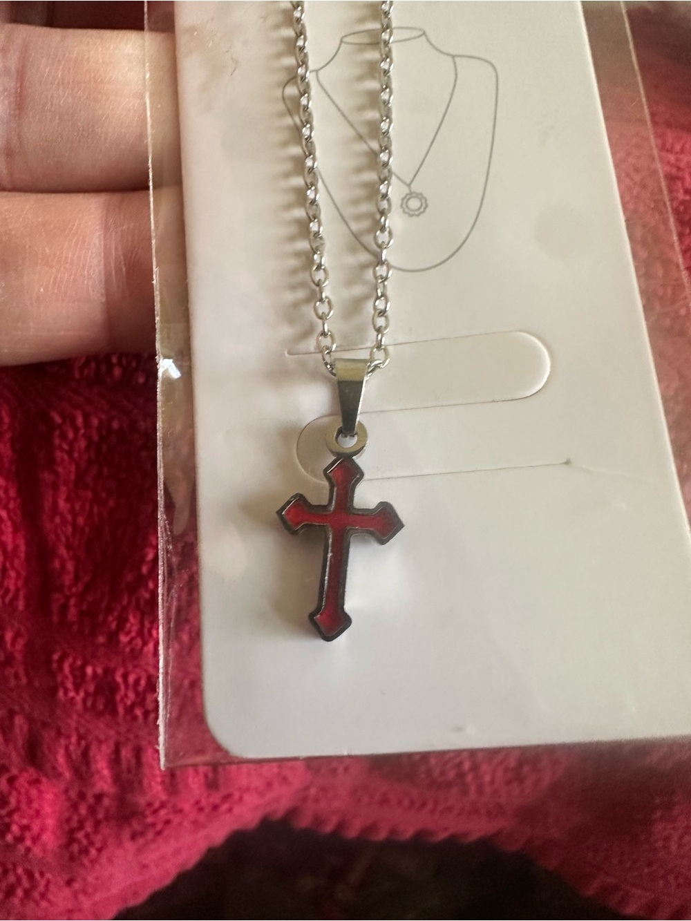 Red Cross Pendant Necklace in Silver Tone